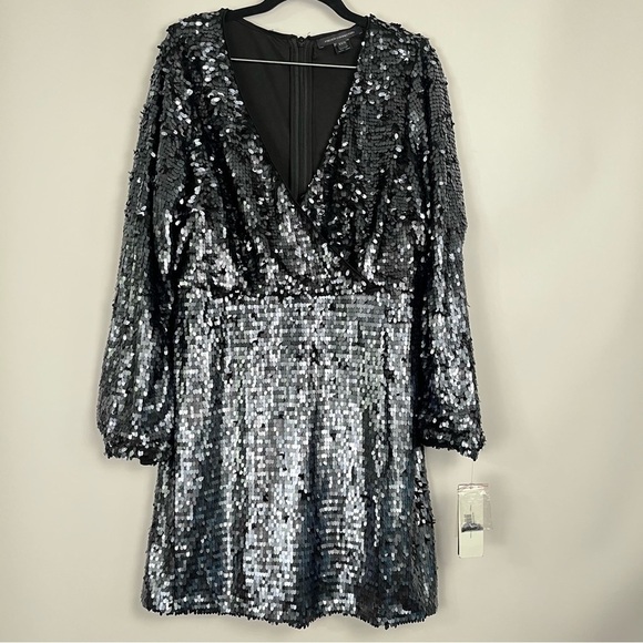 French Connection Bisma Sequin Long Sleeve Faux Wrap Cocktail Dress sz 12 NWT - Picture 6 of 15